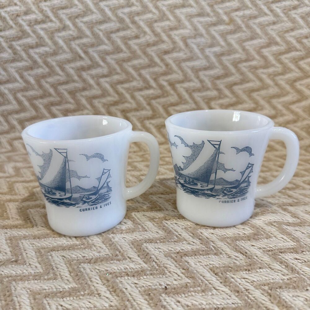 Vintage Glasbake Currier & Ives Sailboat Milk Glass Coffee Mugs Set of 2